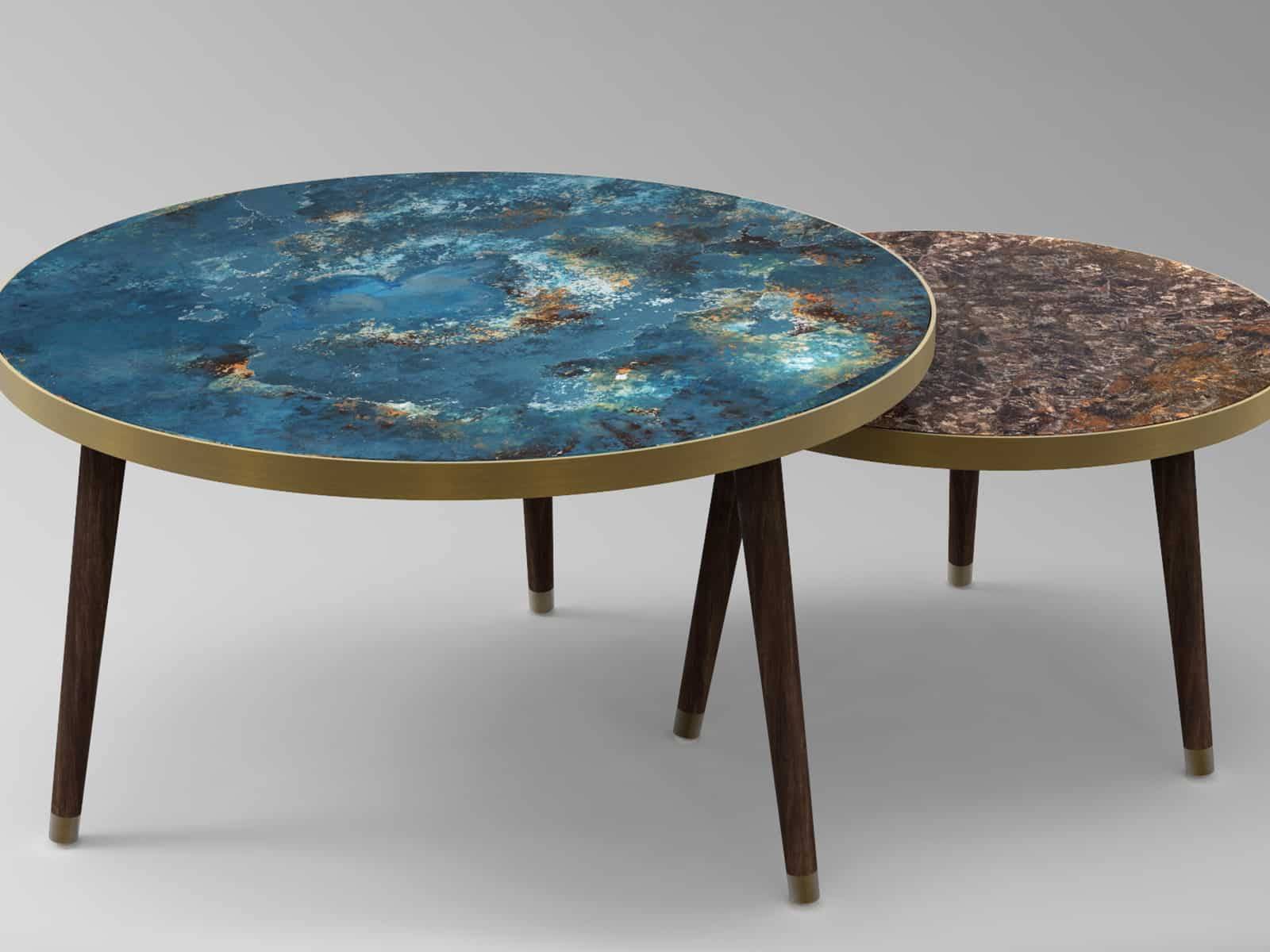 Hand painted Verre Églomisé table tops, part of a limited range for Alt Collective. | DESIGN: Christopher Lees/DKT Artworks | PHOTO: © Alt Collective
