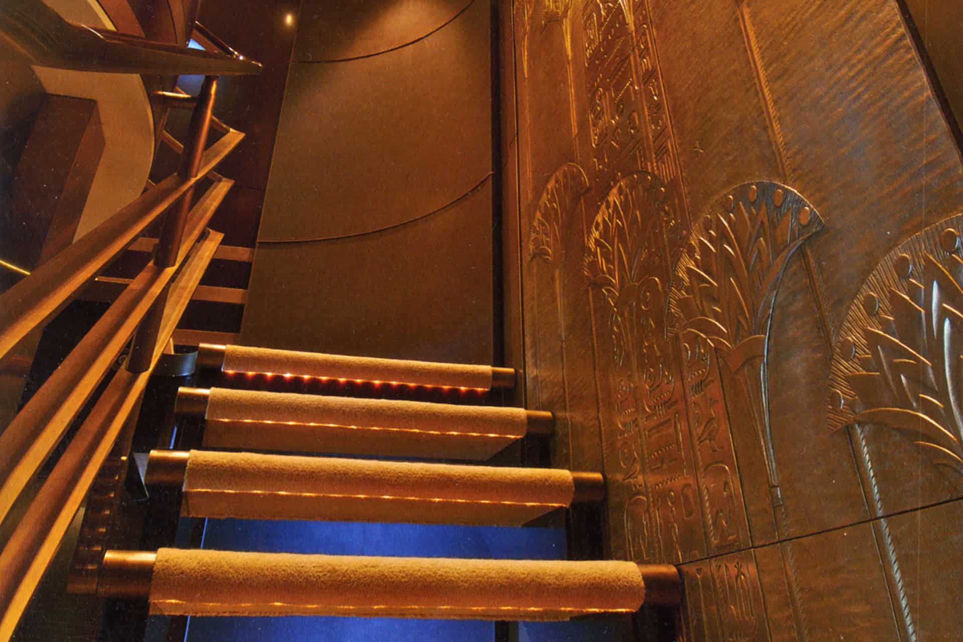 Detail of metal finish bas-relief onboard M/Y Kismet. Photo by DKT Artworks.