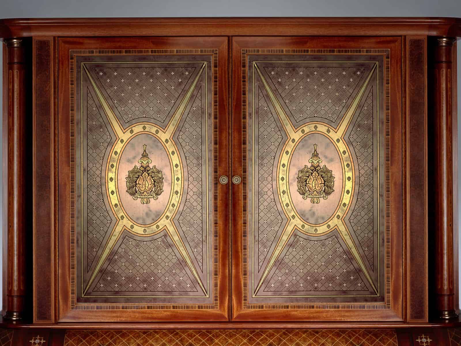 Verre Églomisé design and decoration for cabinet doors. | DESIGN: Silverlining Furniture | PHOTO: © Silverlining Furniture