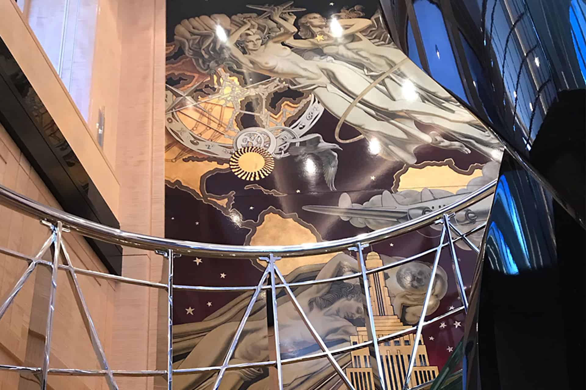 Hand painted and gilded mural onboard M/Y Phoenix II. Photo by DKT Artworks.