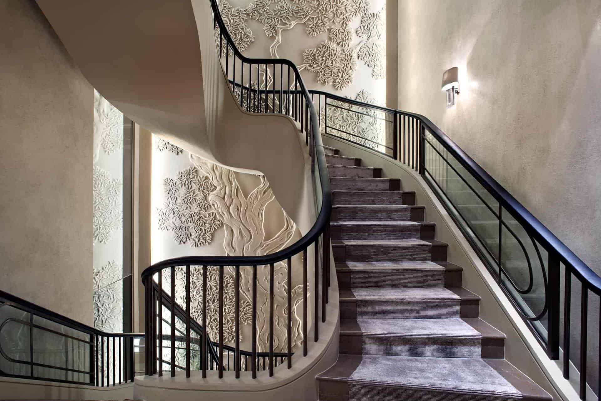 Olive tree design bas-relief, staircase, private apartment, London. Photo by James Silverman.