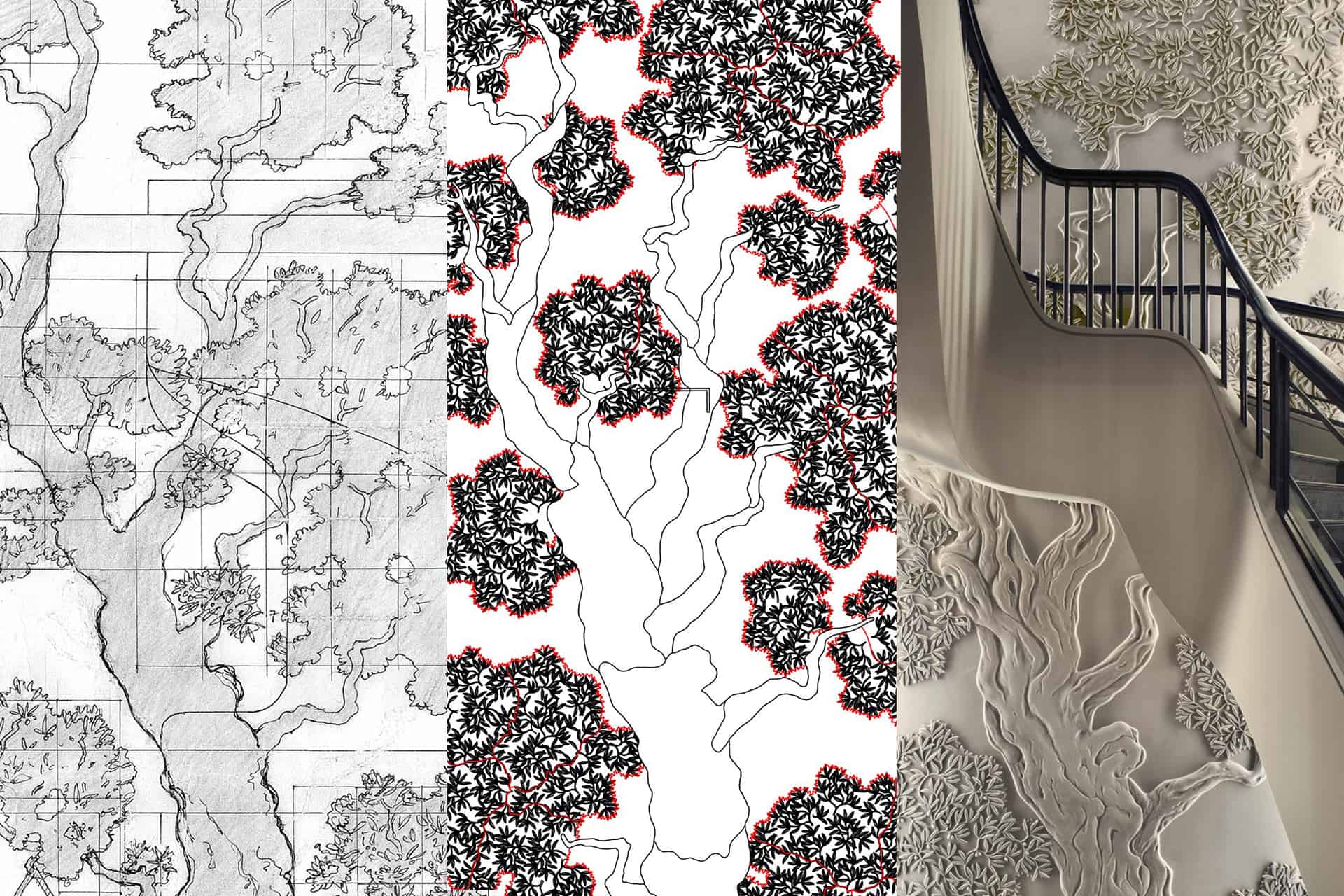 Development sketch to final piece, Olive tree design bas-relief, staircase, private apartment, London | DKT Artworks