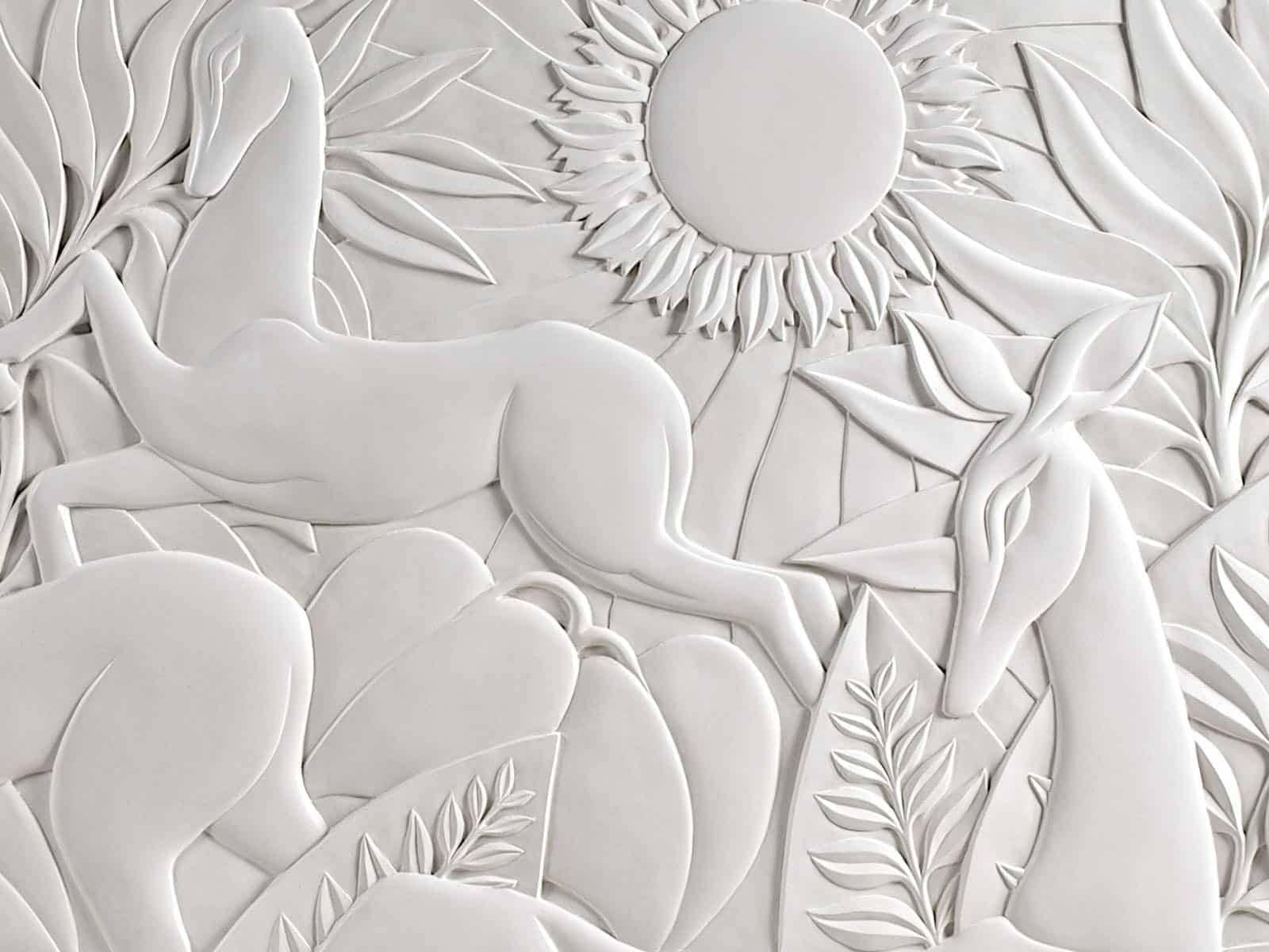 Polished, cast plaster bas-relief wall panel, detail, private motor yacht. | DESIGN: Winch Design | PHOTO: © DKT Artworks