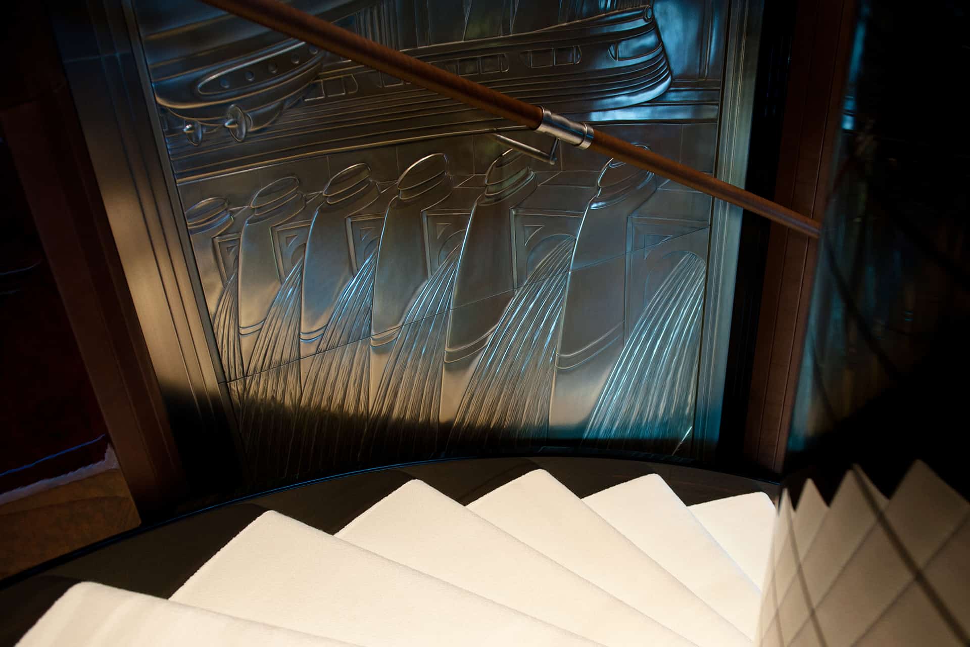 Metal finish bas-relief onboard M/Y Excellence V. Photo by Mark Simms.
