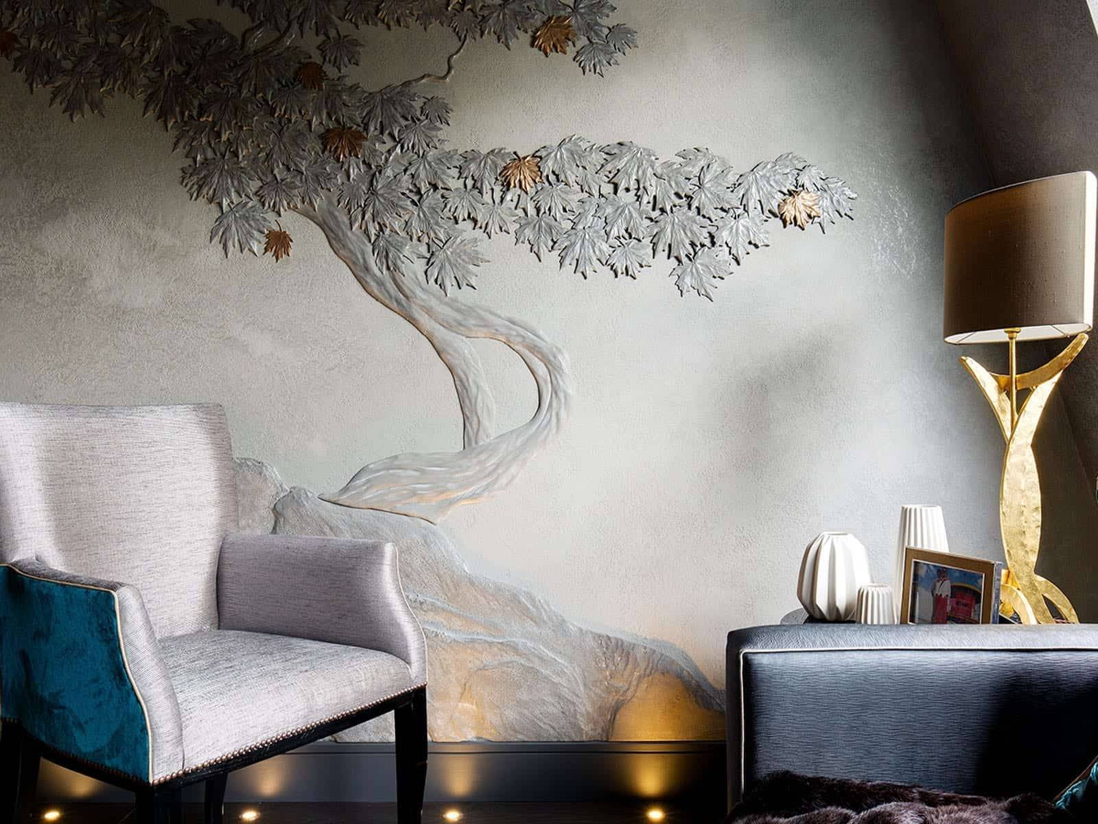Maple tree bas-relief finished in stucco and metal leaf, private apartment, London. | DESIGN: Rene Dekker | PHOTO: © Rene Dekker