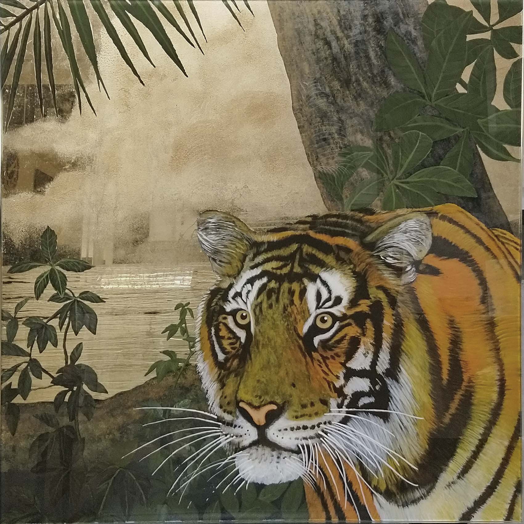 Detail of Tiger Verre Églomisé artwork, created by DKT Artworks for residential project