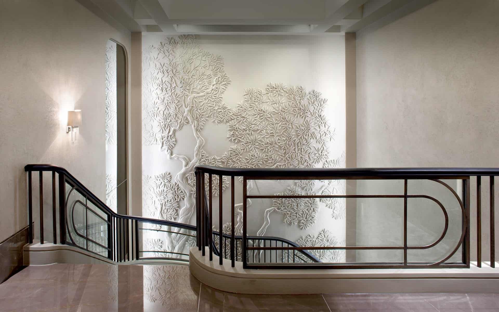 Olive tree staircase bas-relief, Photo by James Silverman, Interior Design project by René Dekker Design / SHH.