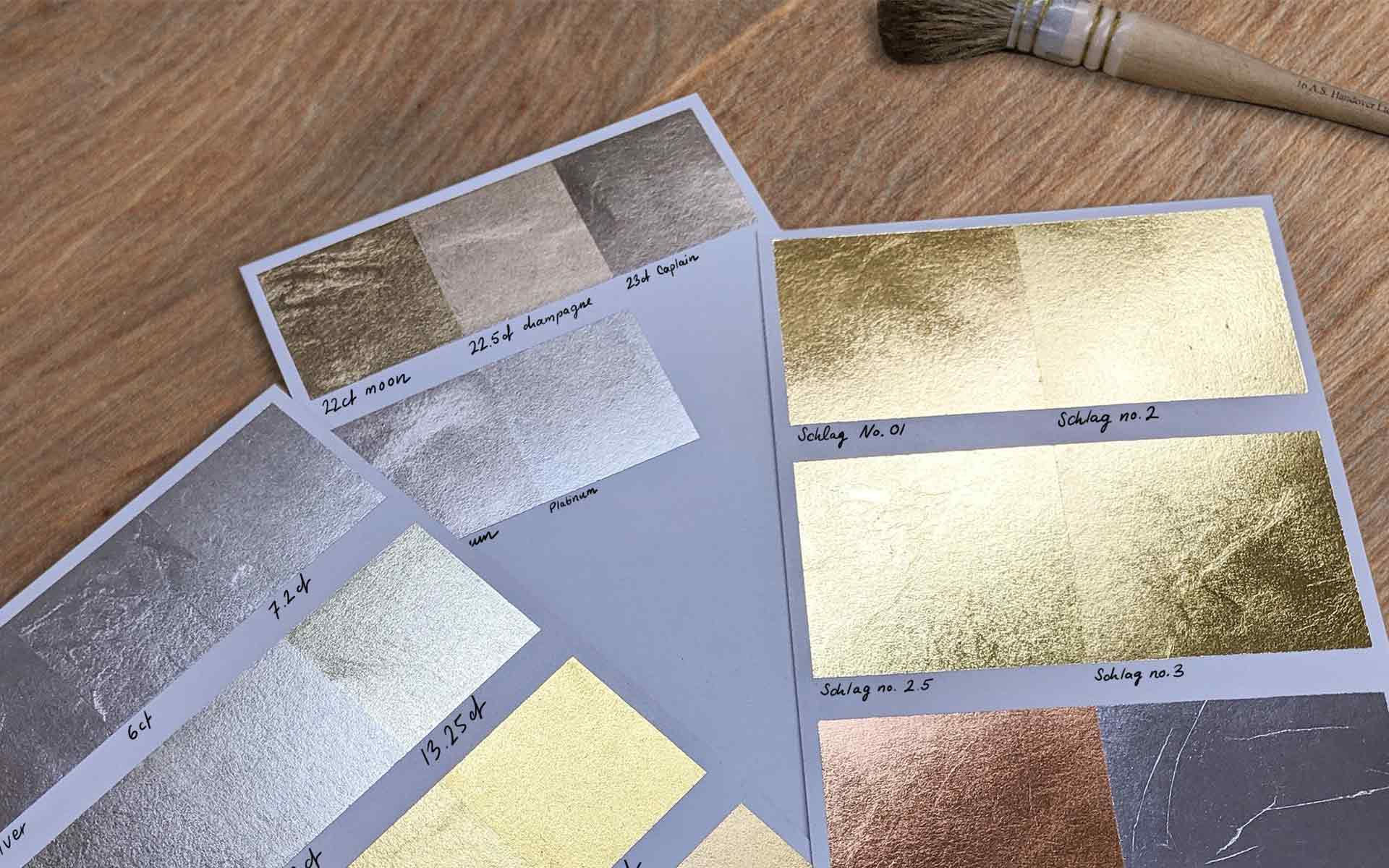 Gold, silver and imitation leaf colour swatches | Photo: DKT Artworks