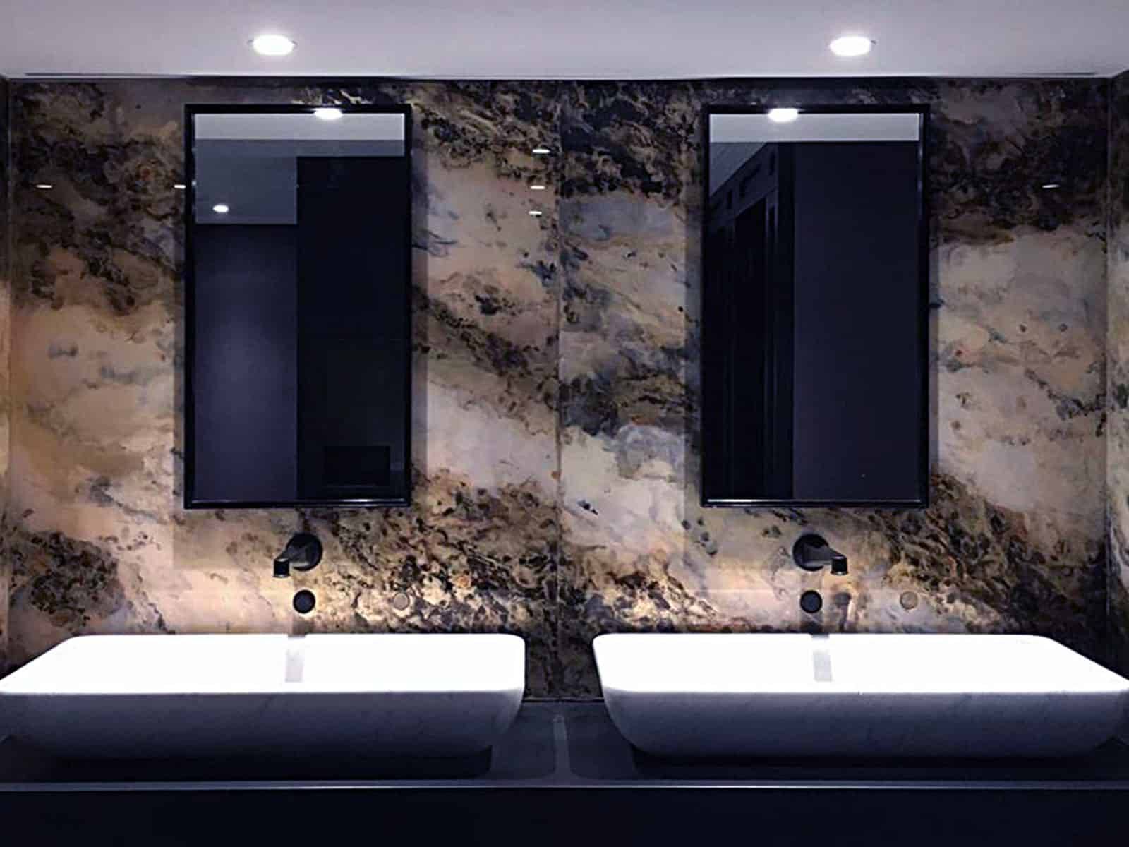 Verre Églomisé for guest bathroom, Sotheby's, London. | DESIGN: Nelson Design + Walker Nicholas Architects | PHOTO: © DKT Artworks